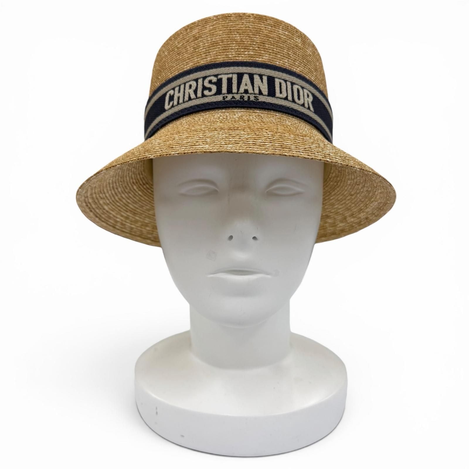 Dior Logo Straw Hat Bucket Hat Beige Navy 56 — view 2