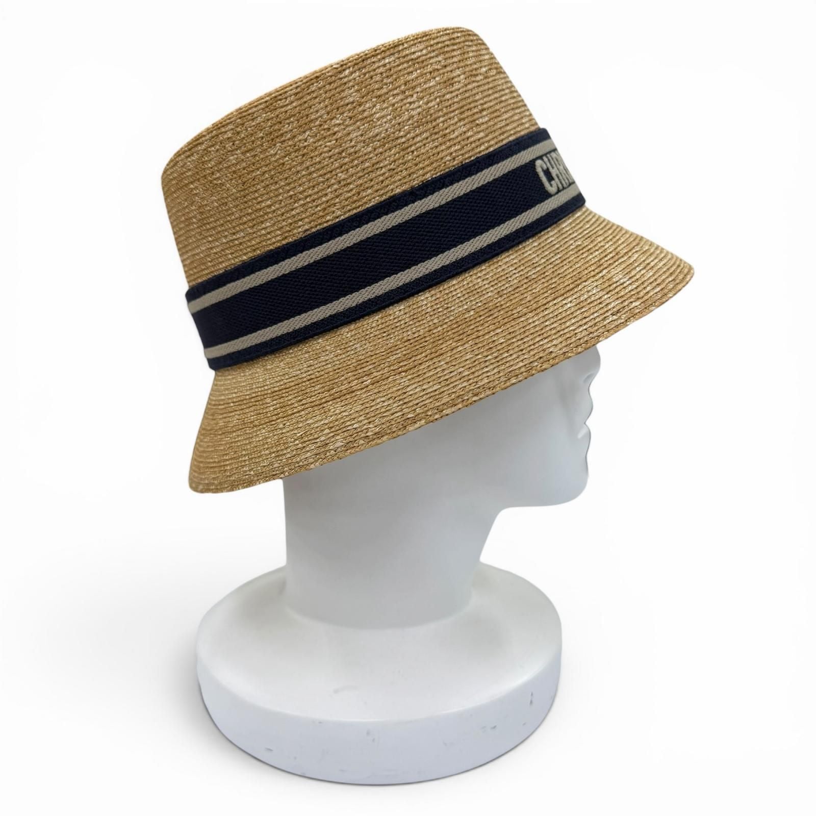Dior Logo Straw Hat Bucket Hat Beige Navy 56 — view 5