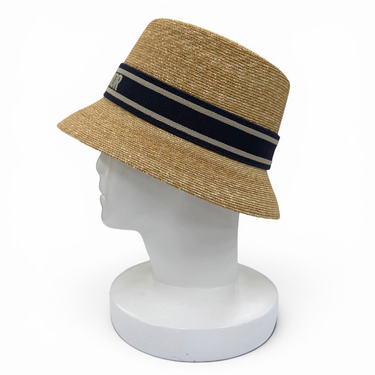 Dior Logo Straw Hat Bucket Hat Beige Navy 56 — view 3