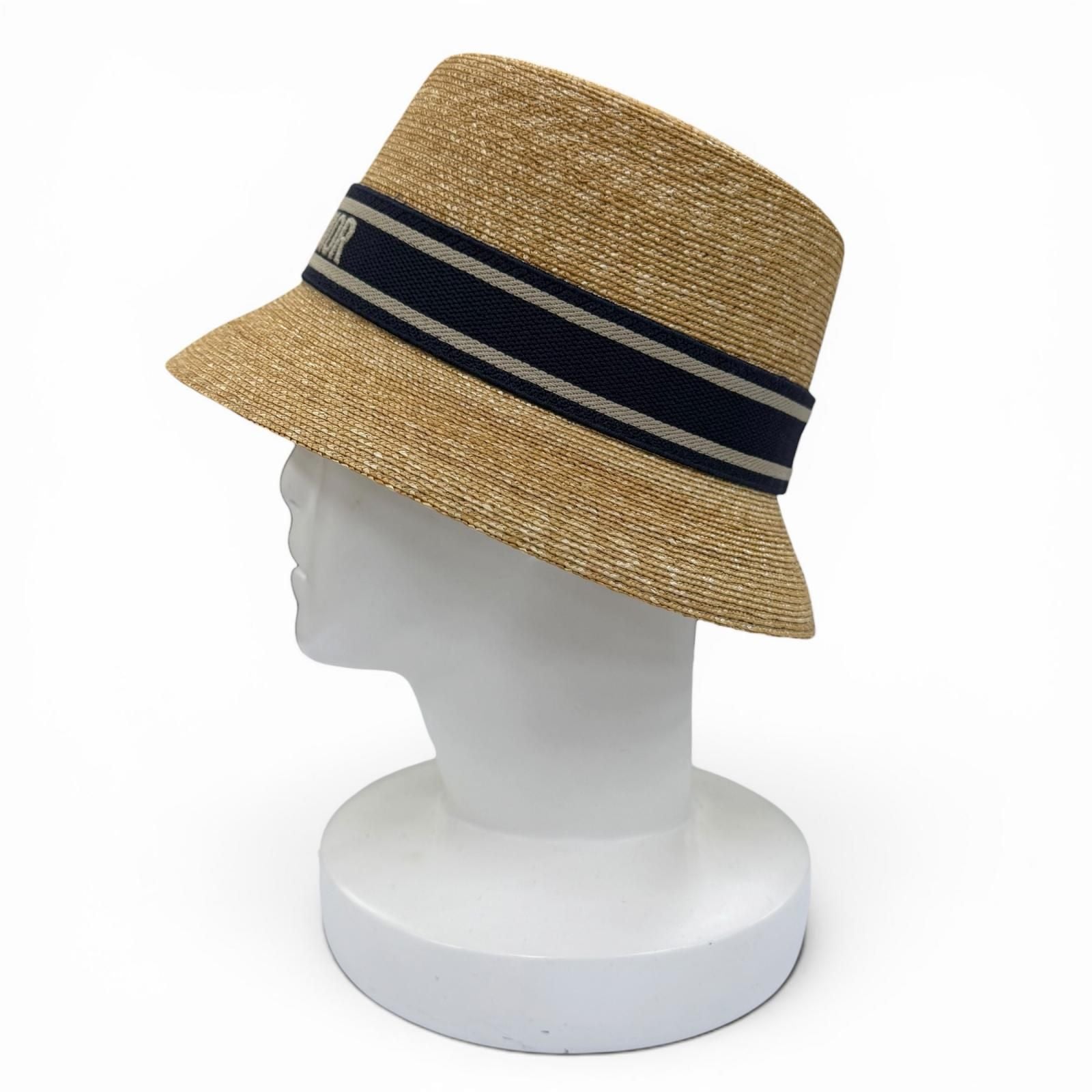 Dior Logo Straw Hat Bucket Hat Beige Navy 56 — view 3