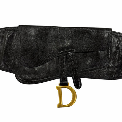 Dior Vintage Logo Saddle Leather Belt Black Gold — view 6