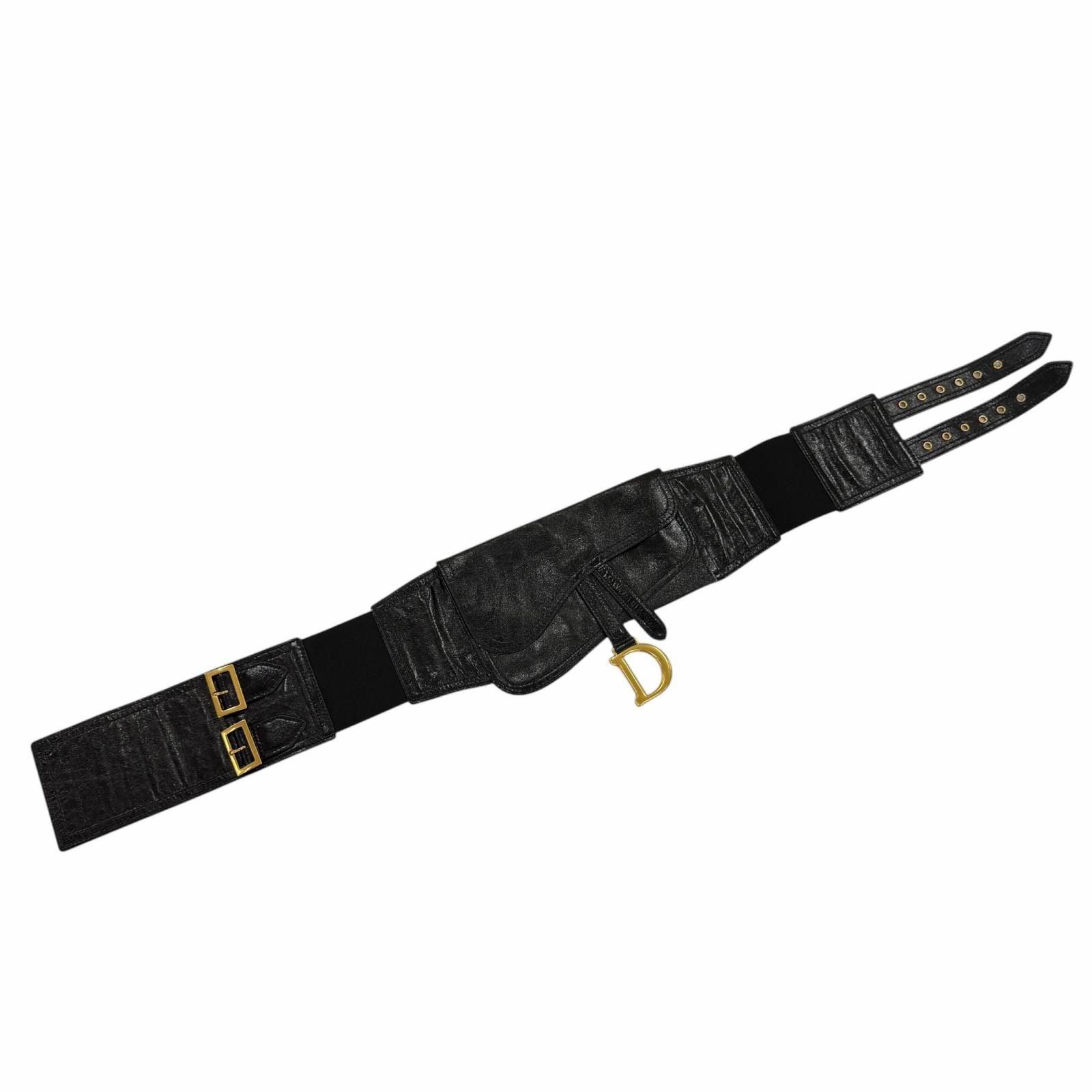 Dior Vintage Logo Saddle Leather Belt Black Gold — view 4
