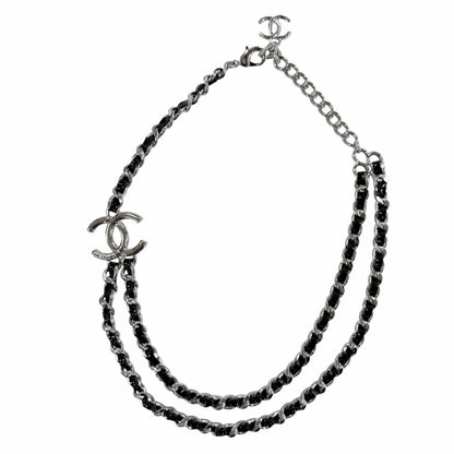 Chanel CC Logo Leather Chain Necklace Choker Silver Black