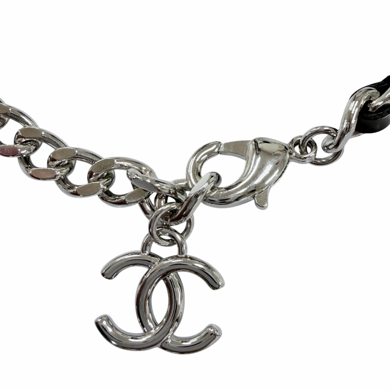 Chanel CC Logo Leather Chain Necklace Choker Silver Black — view 5