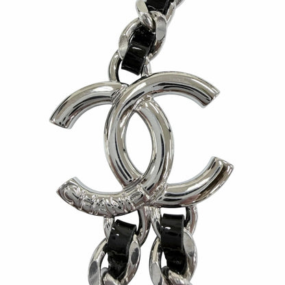 Chanel CC Logo Leather Chain Necklace Choker Silver Black — view 3