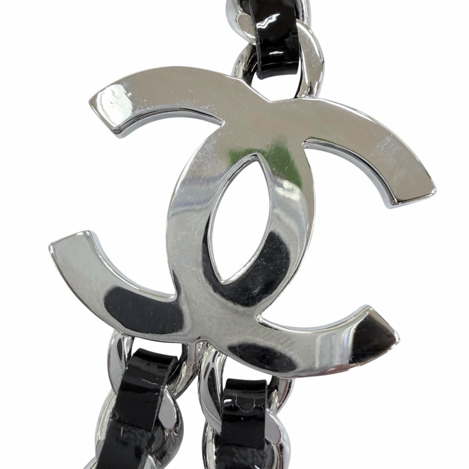 Chanel CC Logo Leather Chain Necklace Choker Silver Black — view 7