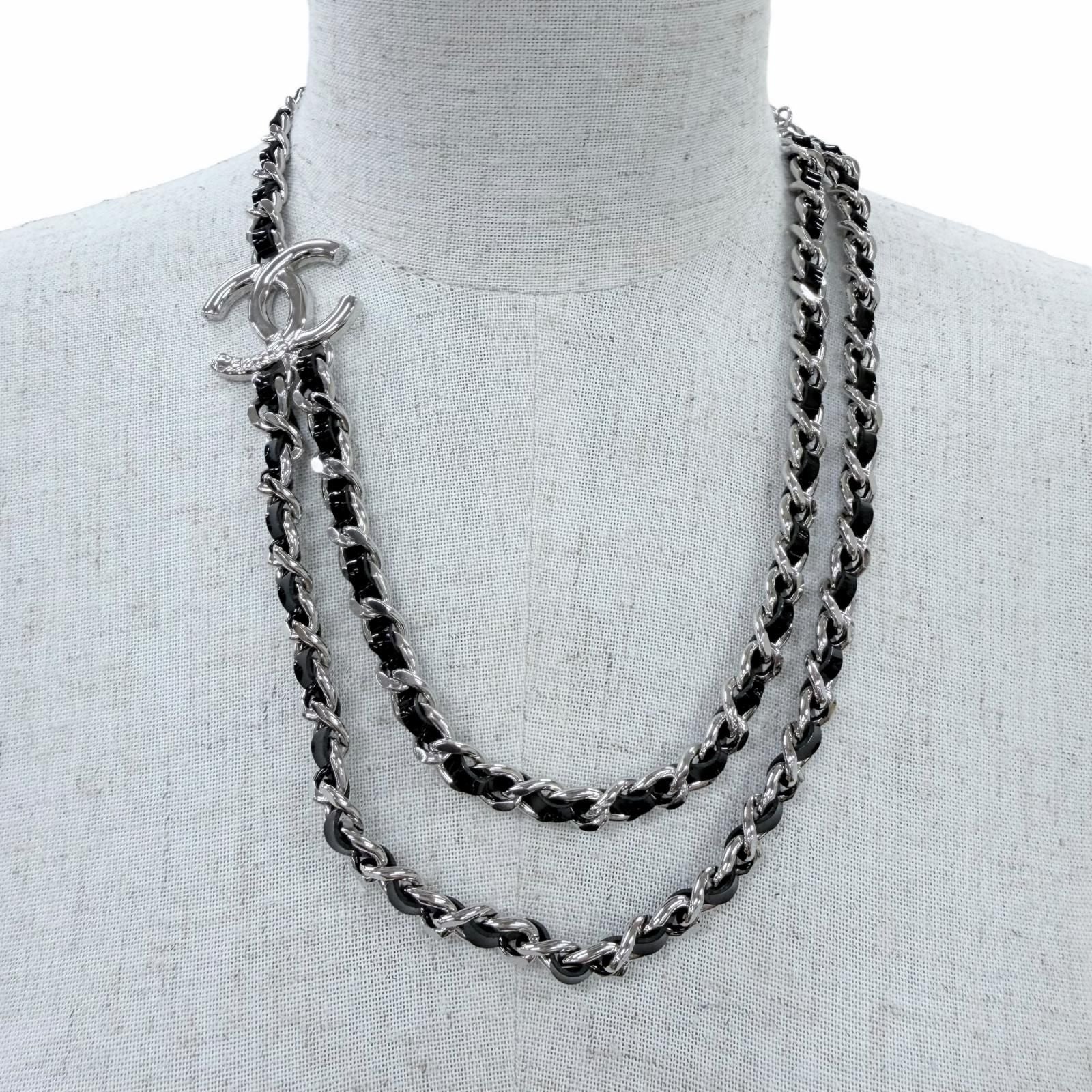 Chanel CC Logo Leather Chain Necklace Choker Silver Black — view 2