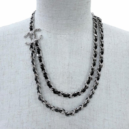 Chanel CC Logo Leather Chain Necklace Choker Silver Black — view 2