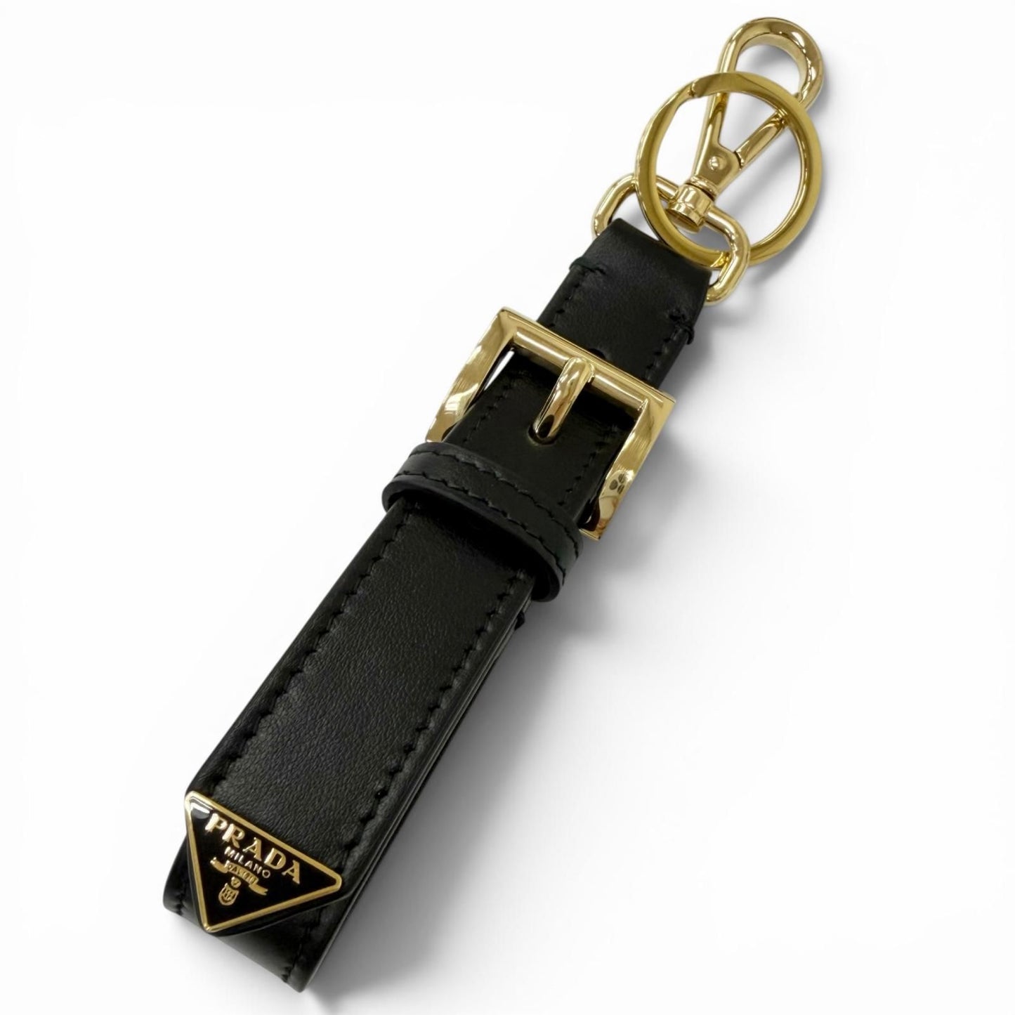 Prada Leather Triangle Logo Plate Bag Charm Key Holder Black