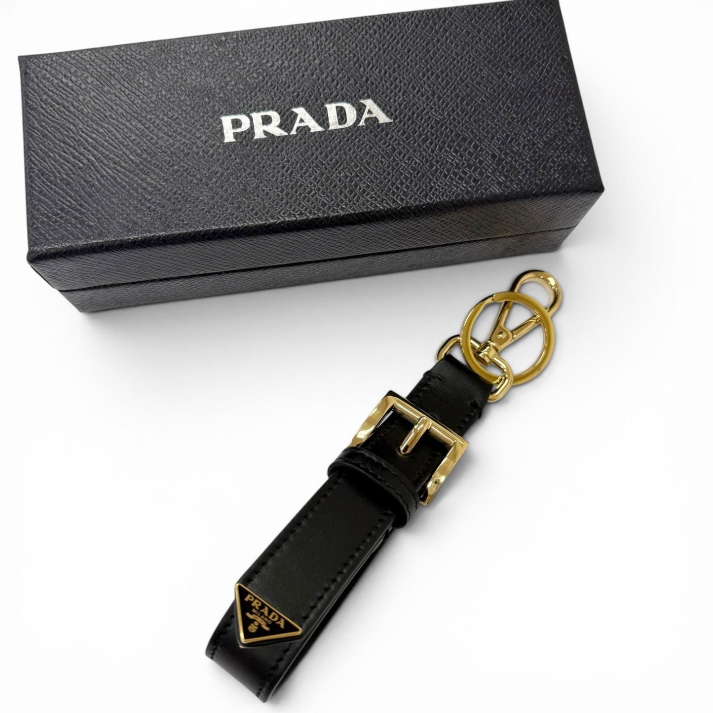 Prada Leather Triangle Logo Plate Bag Charm Key Holder Black — view 2