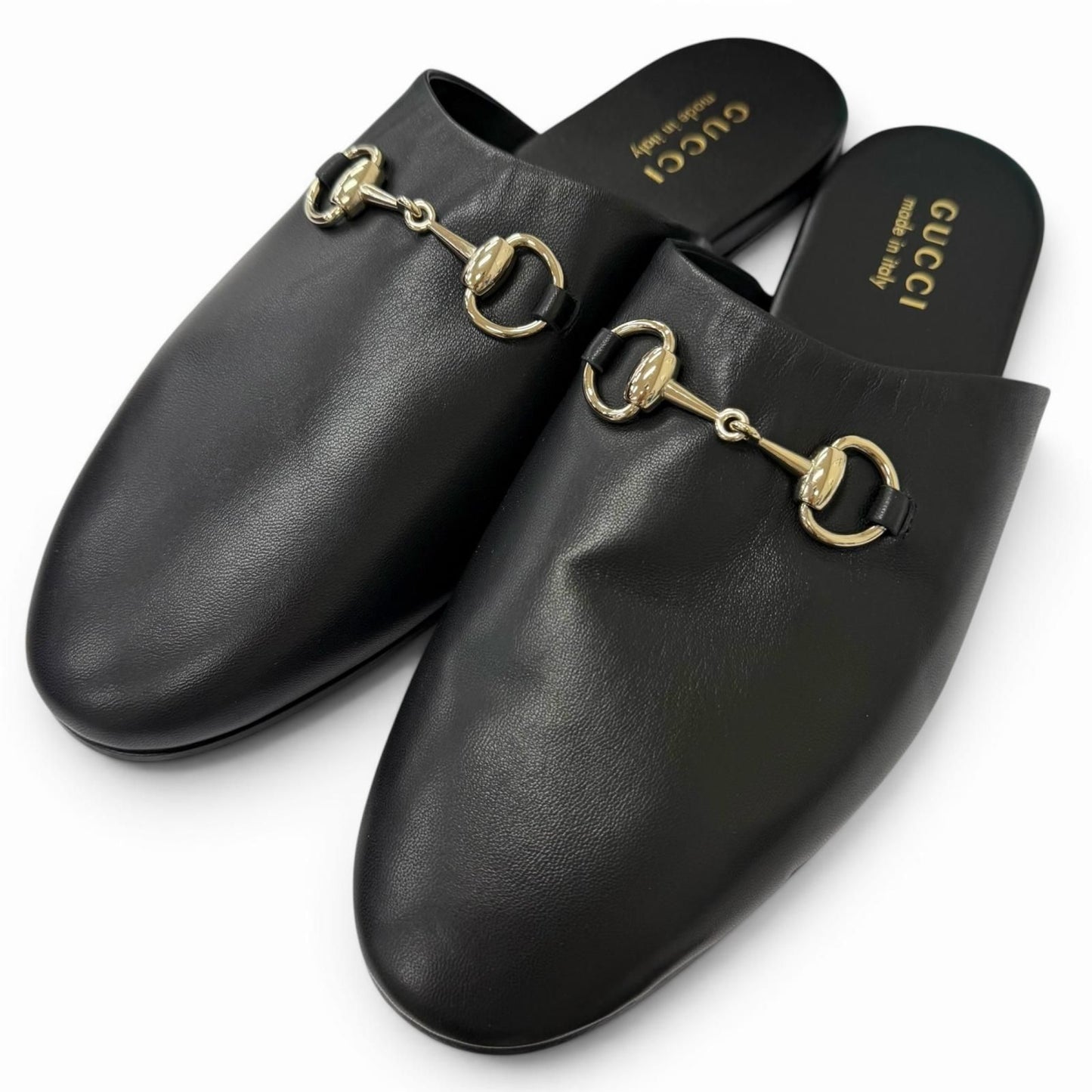 Gucci Leather Horsebit Gold Flat Shoes Sandals Black 9