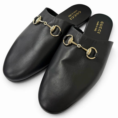 Gucci Leather Horsebit Gold Flat Shoes Sandals Black 9