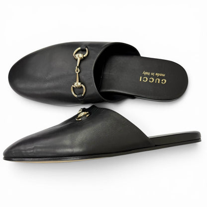 Gucci Leather Horsebit Gold Flat Shoes Sandals Black 9 — view 4
