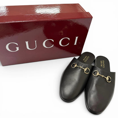 Gucci Leather Horsebit Gold Flat Shoes Sandals Black 9 — view 2