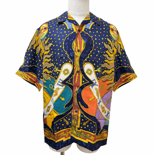 Hermes Vintage Carpe Diem Silk 100% Short Sleeve Open Color Collar Shirt Navy