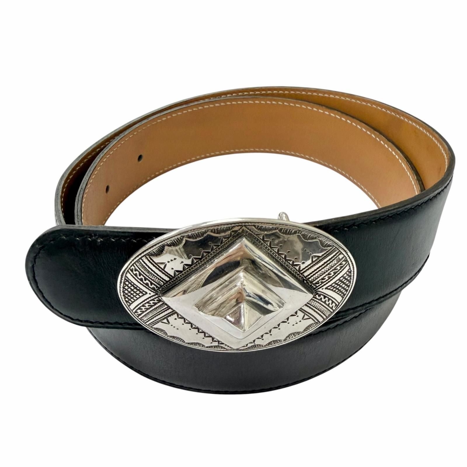 Hermes Toareg Silver Buckle Leather Belt Black 75 — view 3