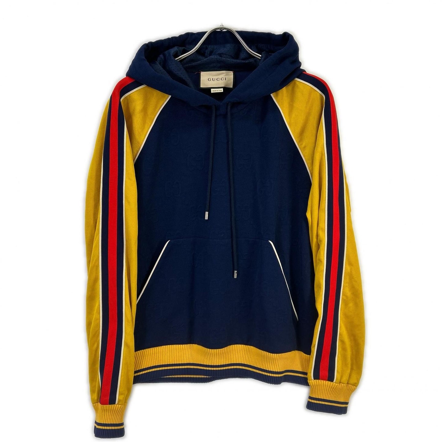 Gucci Navy Yellow GG Logo Jacquard Pullover Hoodie