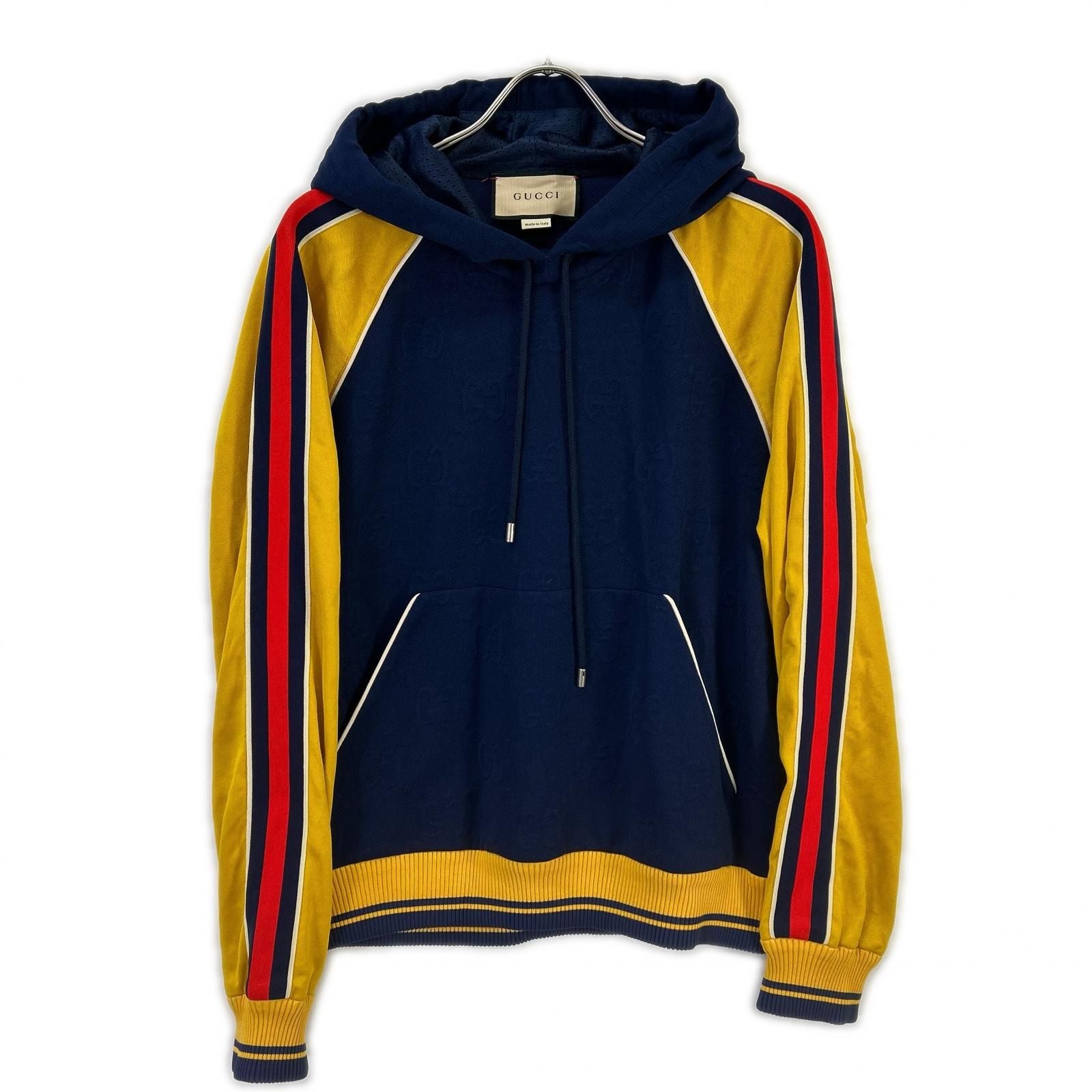 Gucci Navy Yellow GG Logo Jacquard Pullover Hoodie