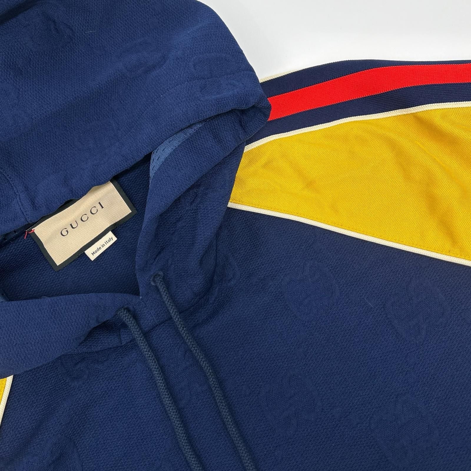 Gucci Navy Yellow GG Logo Jacquard Pullover Hoodie — view 6