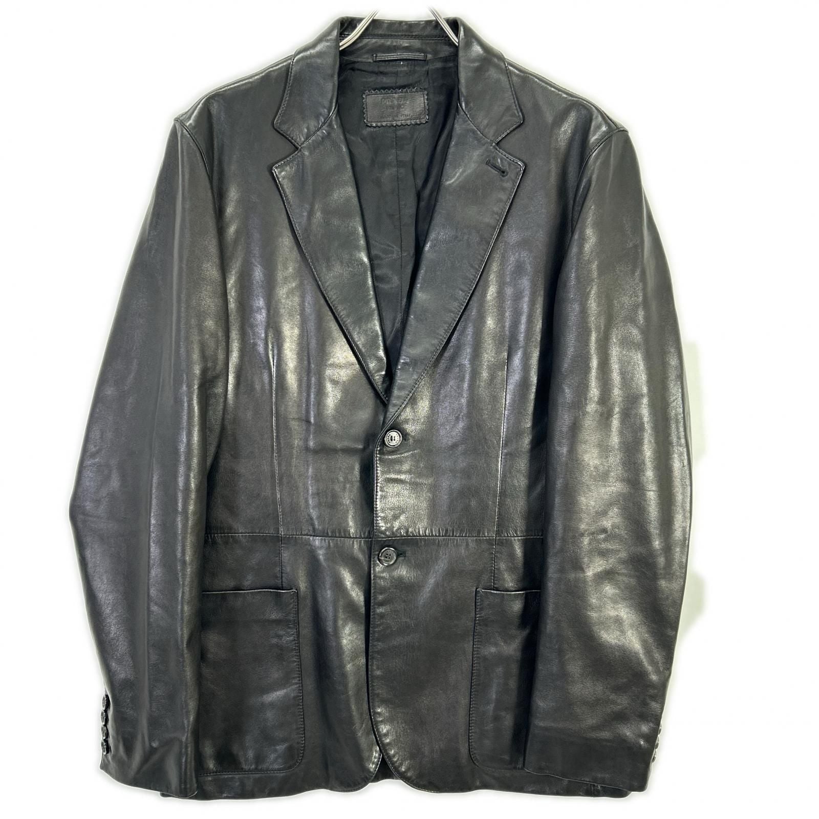 Prada Black Leather Center Vent Tailored Jacket 50