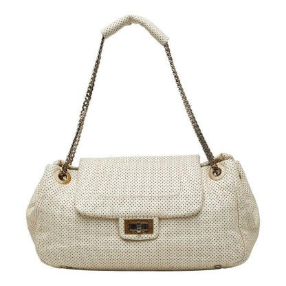 Chanel Quilted CC Logo 2.55 Perforated Chain Shoulder Bag Off White Leather