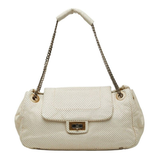 Chanel Quilted CC Logo 2.55 Perforated Chain Shoulder Bag Off White Leather