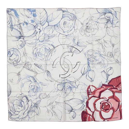 Chanel CC Logo Camellia Flower Floral Scarf White Multicolor Silk