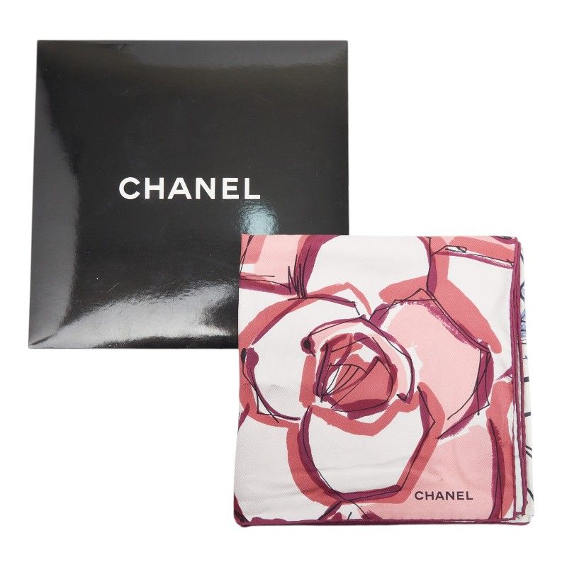 Chanel CC Logo Camellia Flower Floral Scarf White Multicolor Silk — view 5