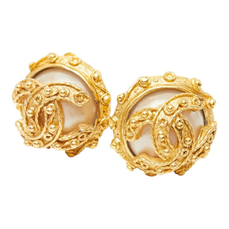 Chanel CC Logo Earrings Gold Plated Faux Pearl