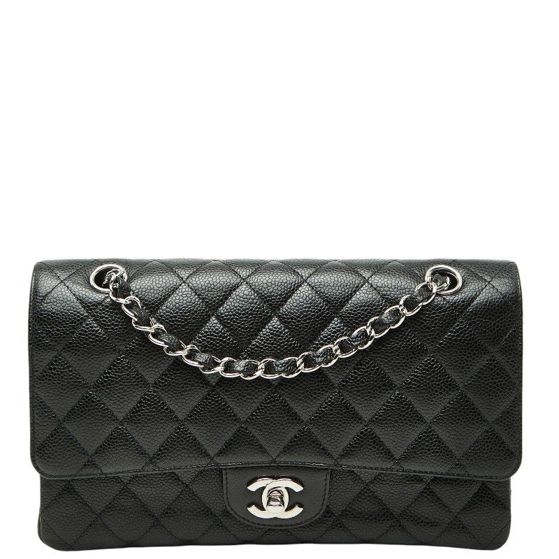 Chanel Quilted 25 CC Logo Double Flap Chain Shoulder Bag Black Silver Caviar