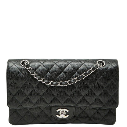 Chanel Quilted 25 CC Logo Double Flap Chain Shoulder Bag Black Silver Caviar