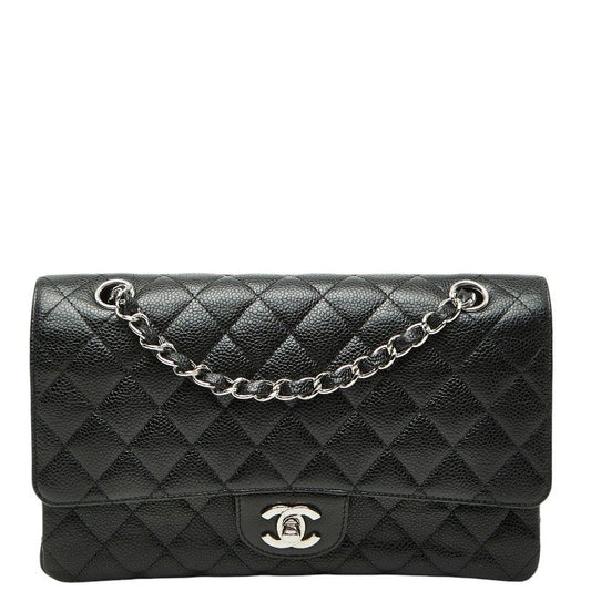Chanel Quilted 25 CC Logo Double Flap Chain Shoulder Bag Black Silver Caviar