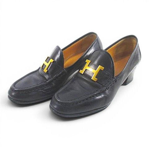 Hermes Constance Loafers Heels Buckle 36 Black Leather