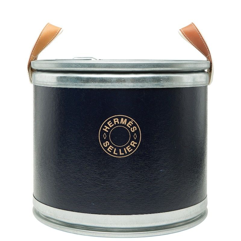 Hermes Saddle Box Horse Tackle Can Navy Silver Leather Metal Recycled Cardboard