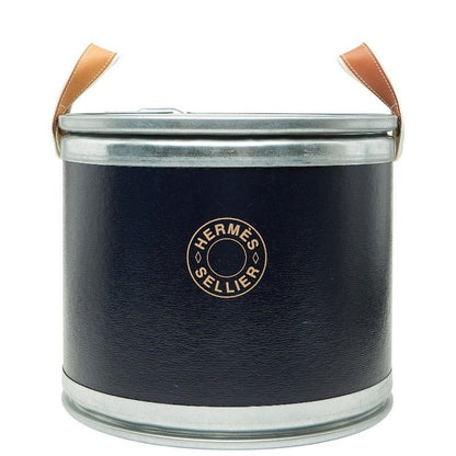 Hermes Saddle Box Horse Tackle Can Navy Silver Leather Metal Recycled Cardboard