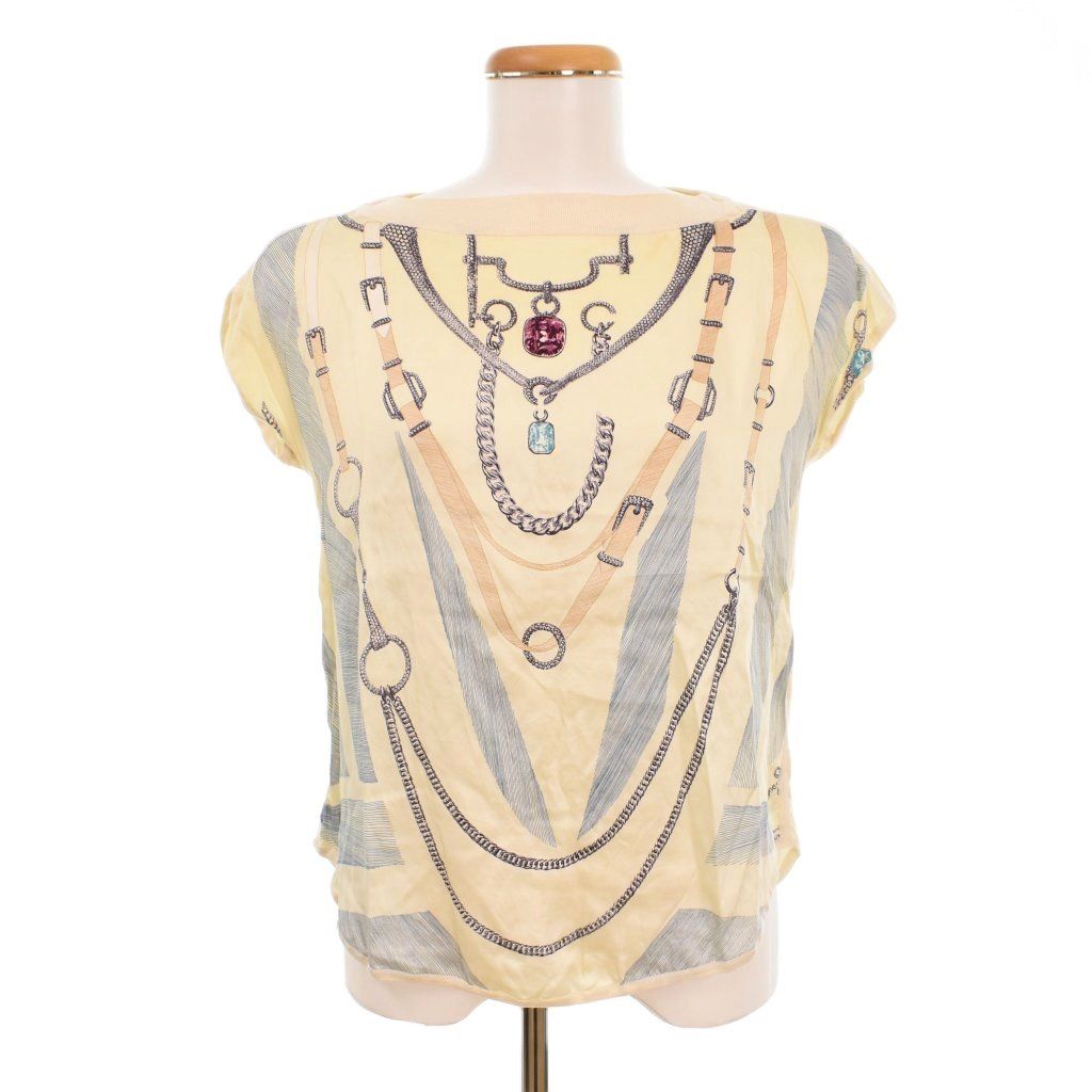 Hermes All Over Pattern Top Shirt Blouse Short Sleeve Contrast Beige