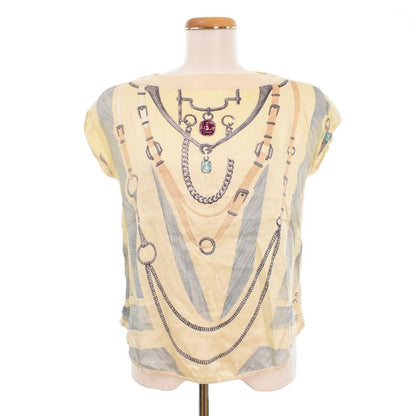 Hermes All Over Pattern Top Shirt Blouse Short Sleeve Contrast Beige