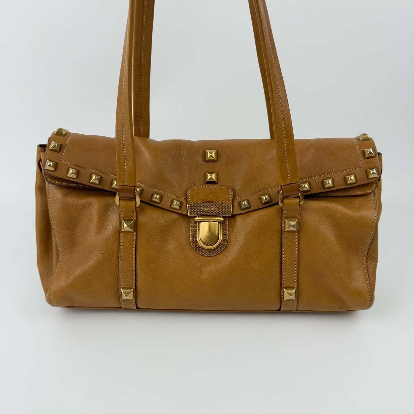 Prada Shoulder Bag Tote Leather Camel Brown Gold Vintage — view 3