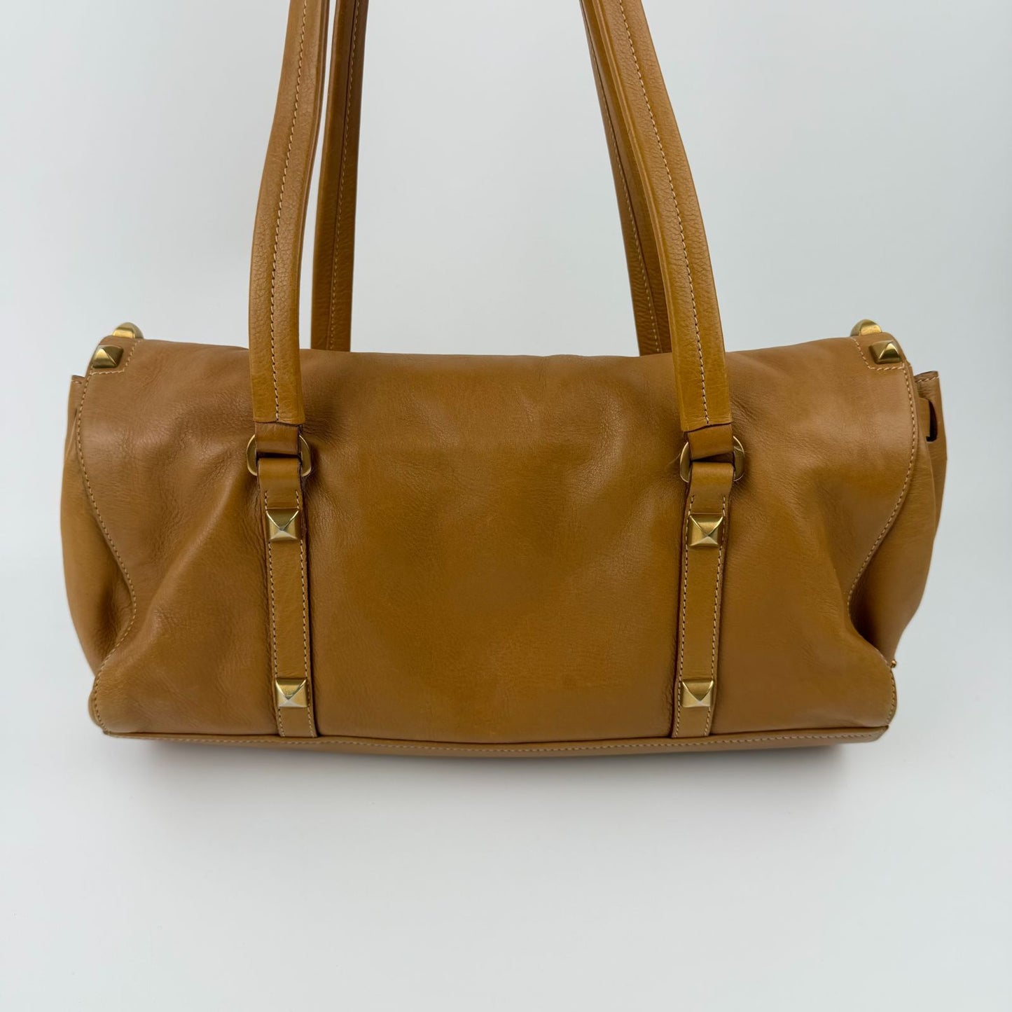 Prada Shoulder Bag Tote Leather Camel Brown Gold Vintage — view 4