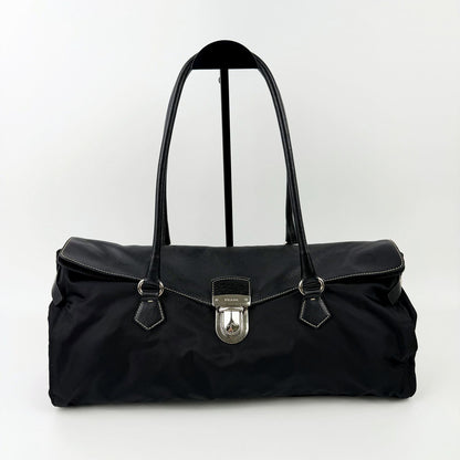 Prada Logo Shoulder Bag Tote Nylon Leather Black Silver Vintage