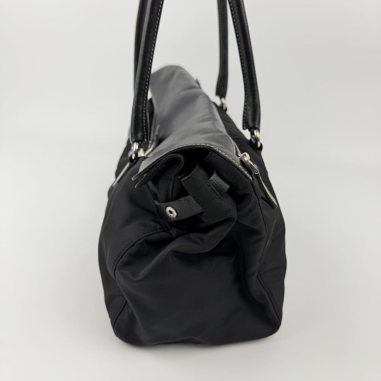 Prada Logo Shoulder Bag Tote Nylon Leather Black Silver Vintage — view 5