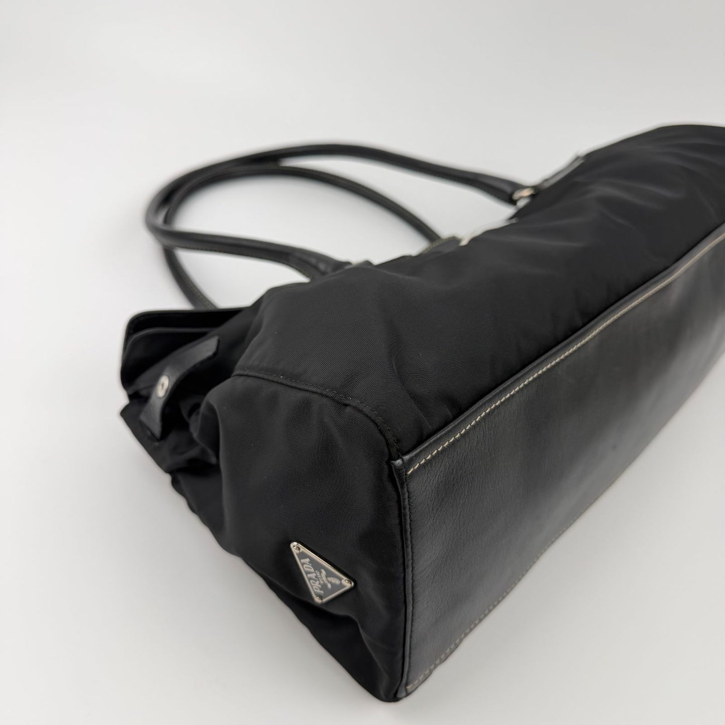 Prada Logo Shoulder Bag Tote Nylon Leather Black Silver Vintage — view 8