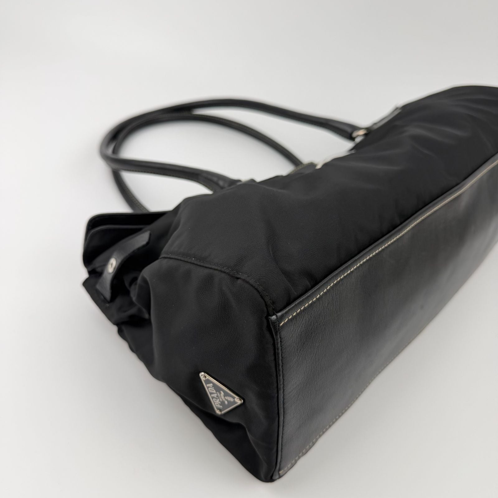 Prada Logo Shoulder Bag Tote Nylon Leather Black Silver Vintage — view 8