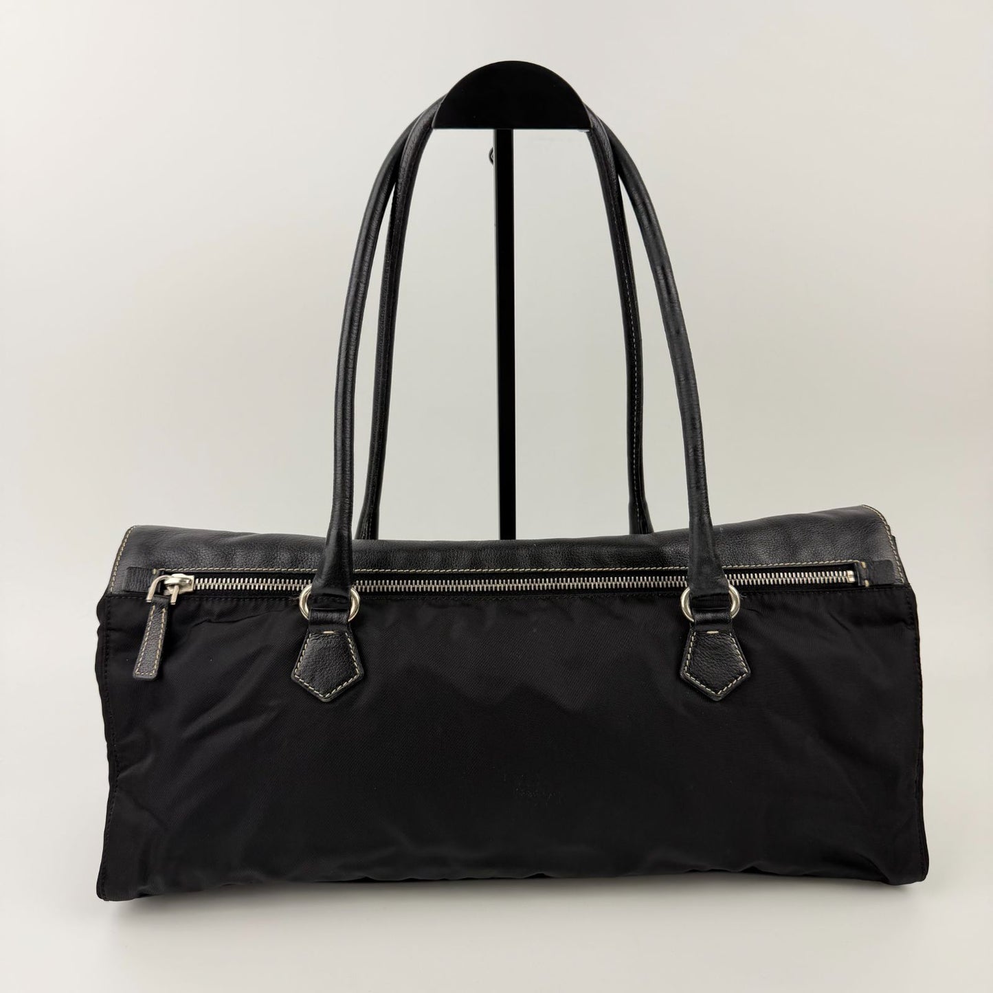 Prada Logo Shoulder Bag Tote Nylon Leather Black Silver Vintage — view 2