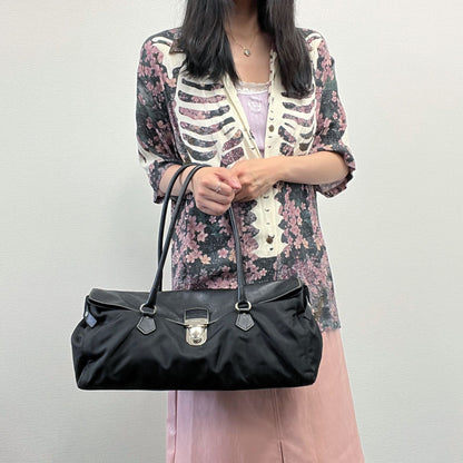 Prada Logo Shoulder Bag Tote Nylon Leather Black Silver Vintage — view 4