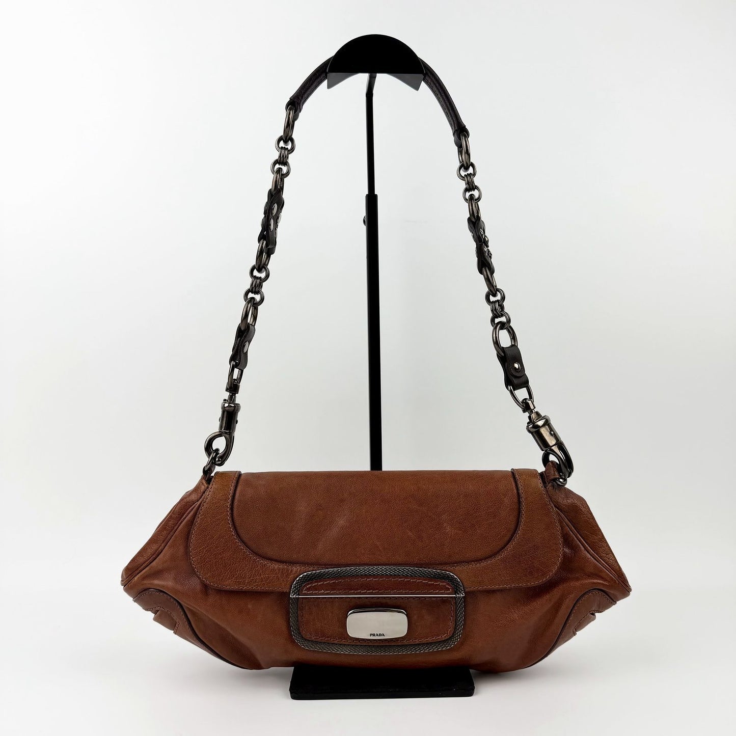 Prada Chain Shoulder Bag Leather Brown Gunmetallic Vintage
