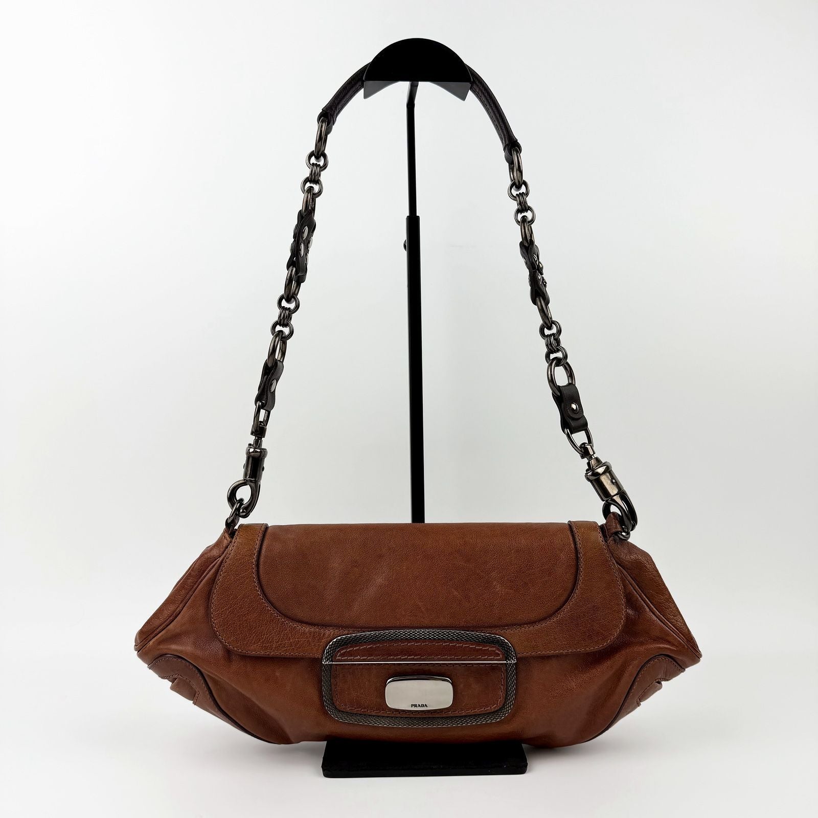 Prada Chain Shoulder Bag Leather Brown Gunmetallic Vintage
