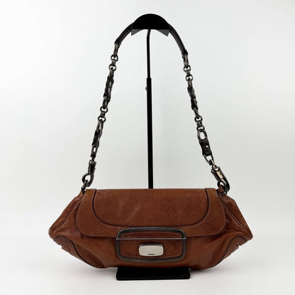 Prada Chain Shoulder Bag Leather Brown Gunmetallic Vintage
