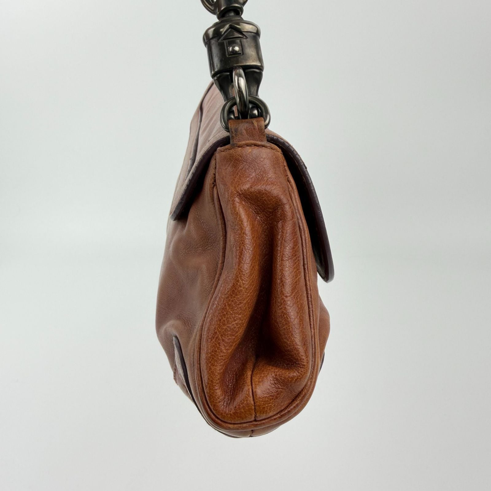 Prada Chain Shoulder Bag Leather Brown Gunmetallic Vintage — view 6