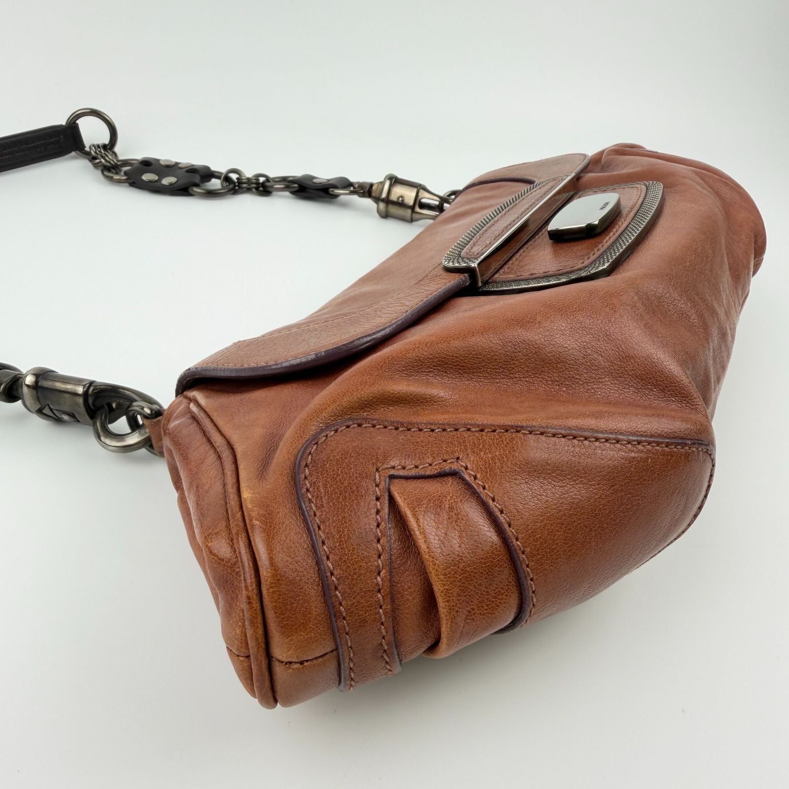 Prada Chain Shoulder Bag Leather Brown Gunmetallic Vintage — view 8